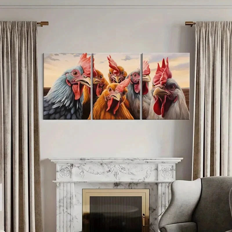 3pcs Roosters Colorful Feathers Sunset Sky Metal Print Ready to Hang Art