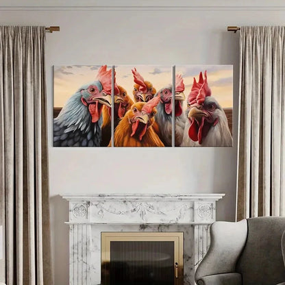 3pcs Roosters Colorful Feathers Sunset Sky Metal Print Ready to Hang Art