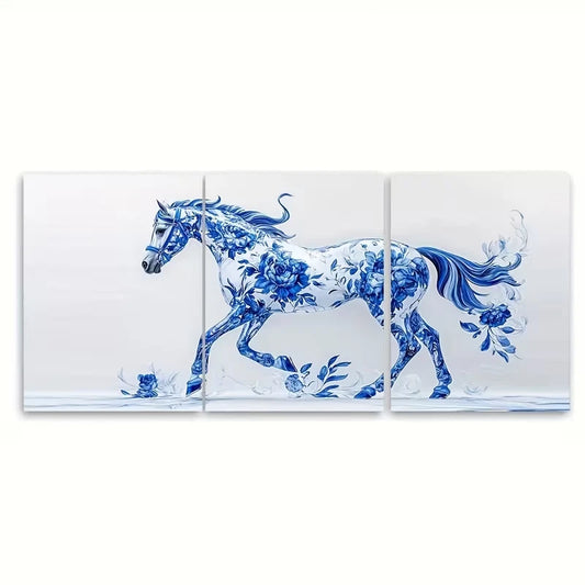 3pcs Elegant Blue Floral Porcelain Horse Metal Print Ready to Hang Art