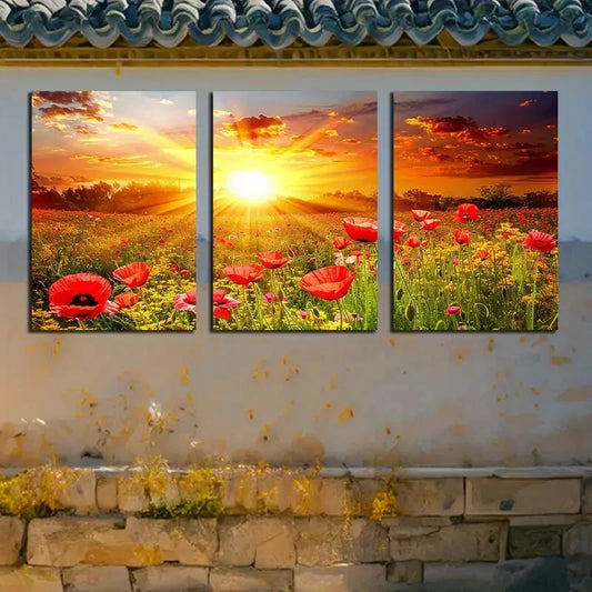 3pcs Charming Cloudy Sky & Flower Fields Metal Print Ready to Hang Art