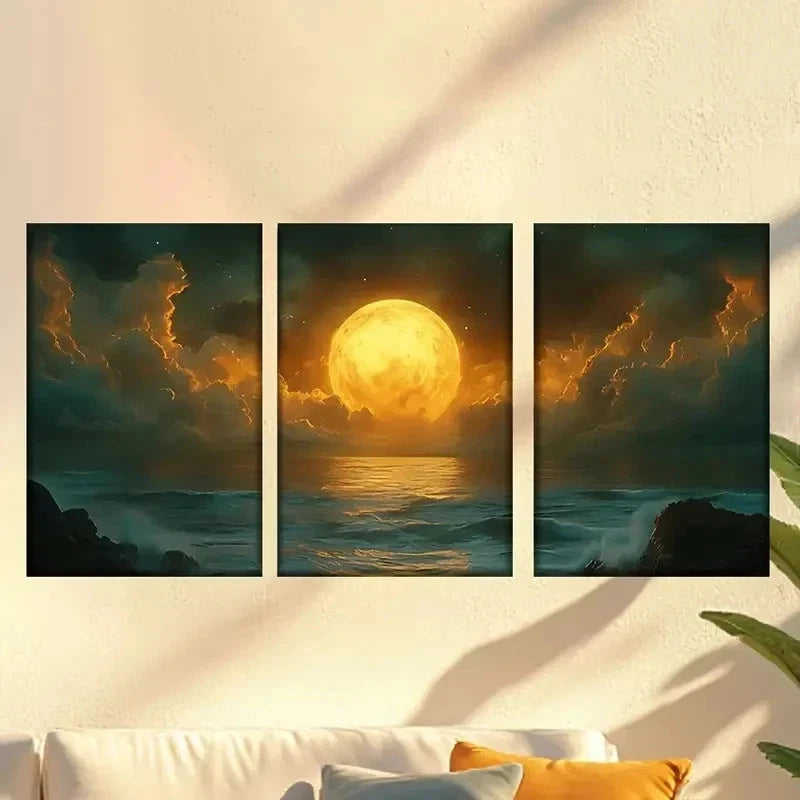 3pcs  full moon over the ocean with clouds Wall Art Set Canvas Framed 40x60cm - High Quality Print 100% Australian Made Wall Canvas Ready to Hang