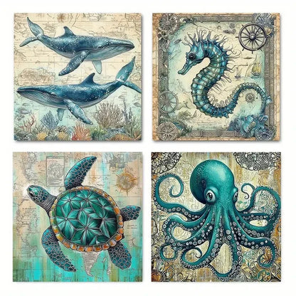 4pcs Teal Ocean Animal Marine Life Wall Art Canvas Framed