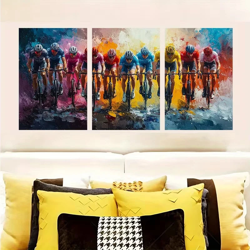 3pcs Colorful Cycling Race Painting Metal Print Ready to Hang Art