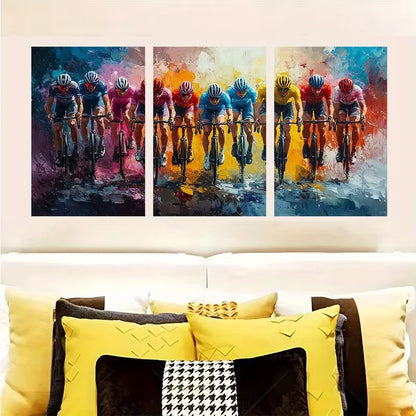 3pcs Colorful Cycling Race Painting Metal Print Ready to Hang Art