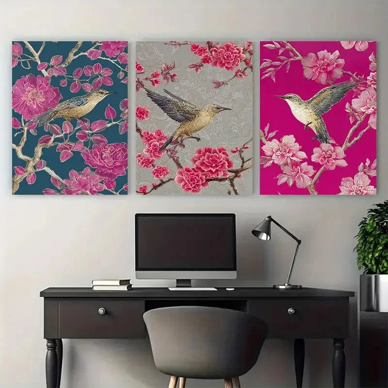 3pcs Vintage Vietnamese Floral Pink Illustration Wall Art Set Canvas Framed 60x90cm - High Quality Print 100% Australian Made Wall Canvas Ready to Hang