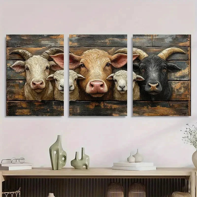 3pcs Rustic Farmhouse Animal Cow Sheep Goat Metal Print Ready to Hang Art