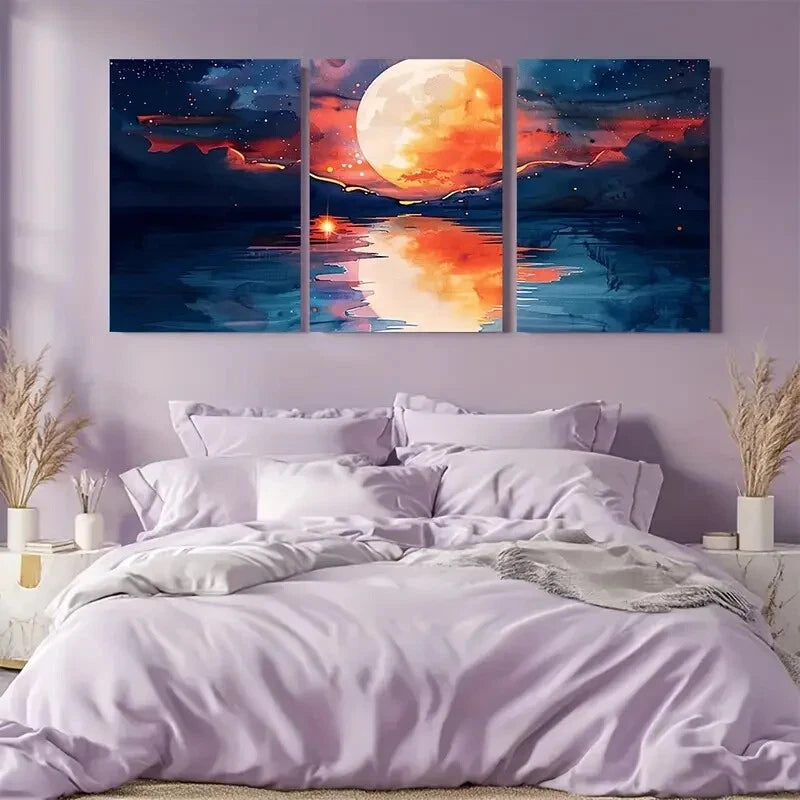 3pcs Vibrant Modern Red Full Moon Rising Metal Print Ready to Hang Art