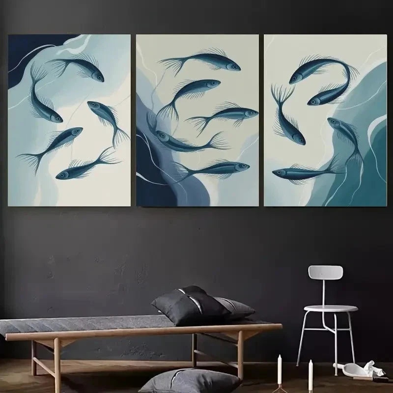 3pcs Koi Fish Watercolor Decorations Painting Metal Print Ready to Hang Art