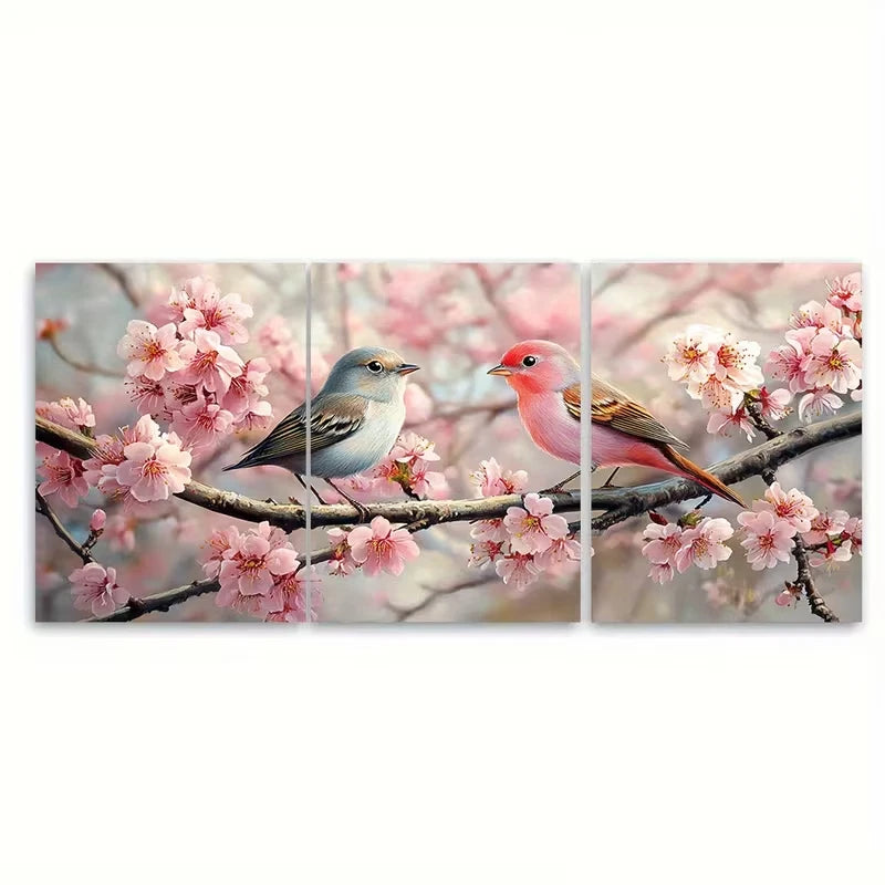 3pcs Pink Birds Cherry Blossom Butterflies Metal Print Ready to Hang Art