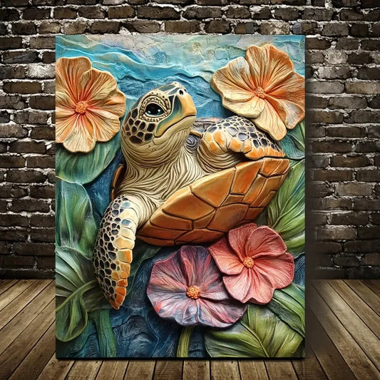 Featuring a Turtle Among Blooming Flowers Painting 40x60cm Metal Print Ready to Hang