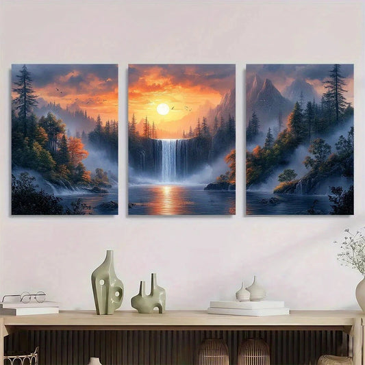 3pcs Waterfall Sunset Classic Style Nature Metal Print Ready to Hang Art