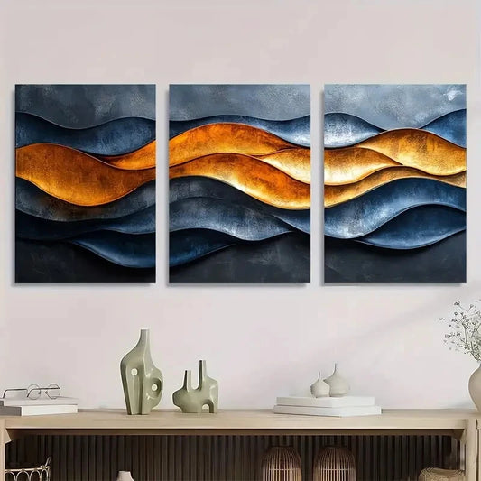 3pcs Warm Golden & Cool Gray Tones Modern Abstrat Metal Print Ready to Hang Art