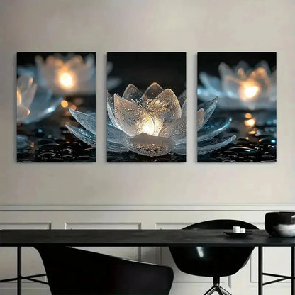 3pcs Glowing for Lotus Flowers in Glass Metal Print Ready to Hang Art