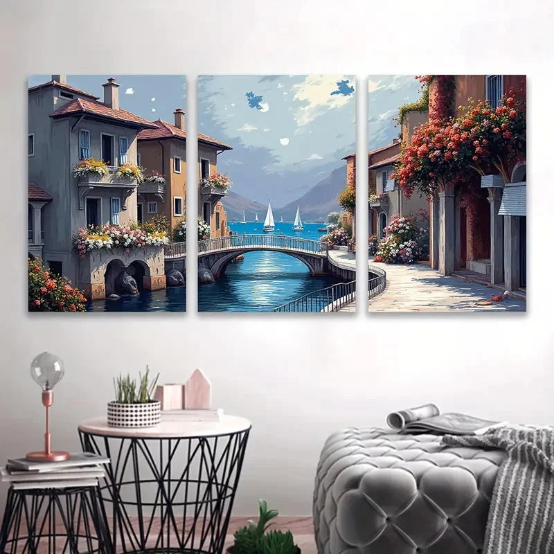 3pcs European Street And Harbor View Wall Art Set Canvas Framed 50x70cm - High Quality Print 100% Australian Made Wall Canvas Ready to Hang