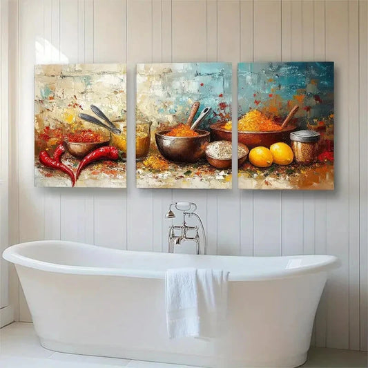 3pcs Chili Peppers Lemons & Spice Bowls Metal Print Ready to Hang Art