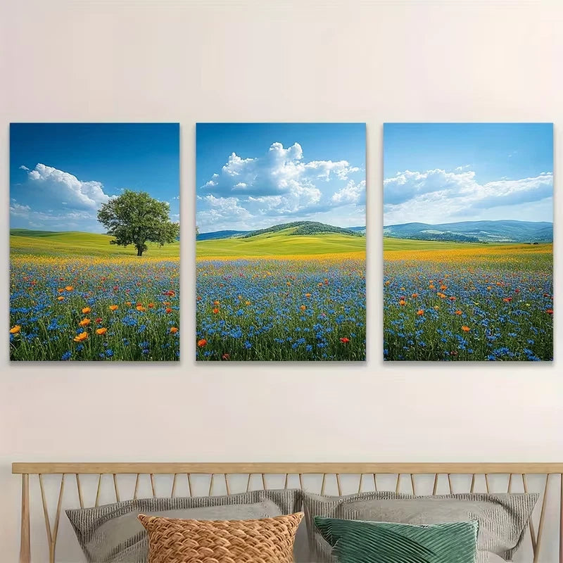 3pcs Blue Sky and Green Fields Nature Wall Art Set Canvas Framed 50x70cm - High Quality Print 100% Australian Made Wall Canvas Ready to Hang