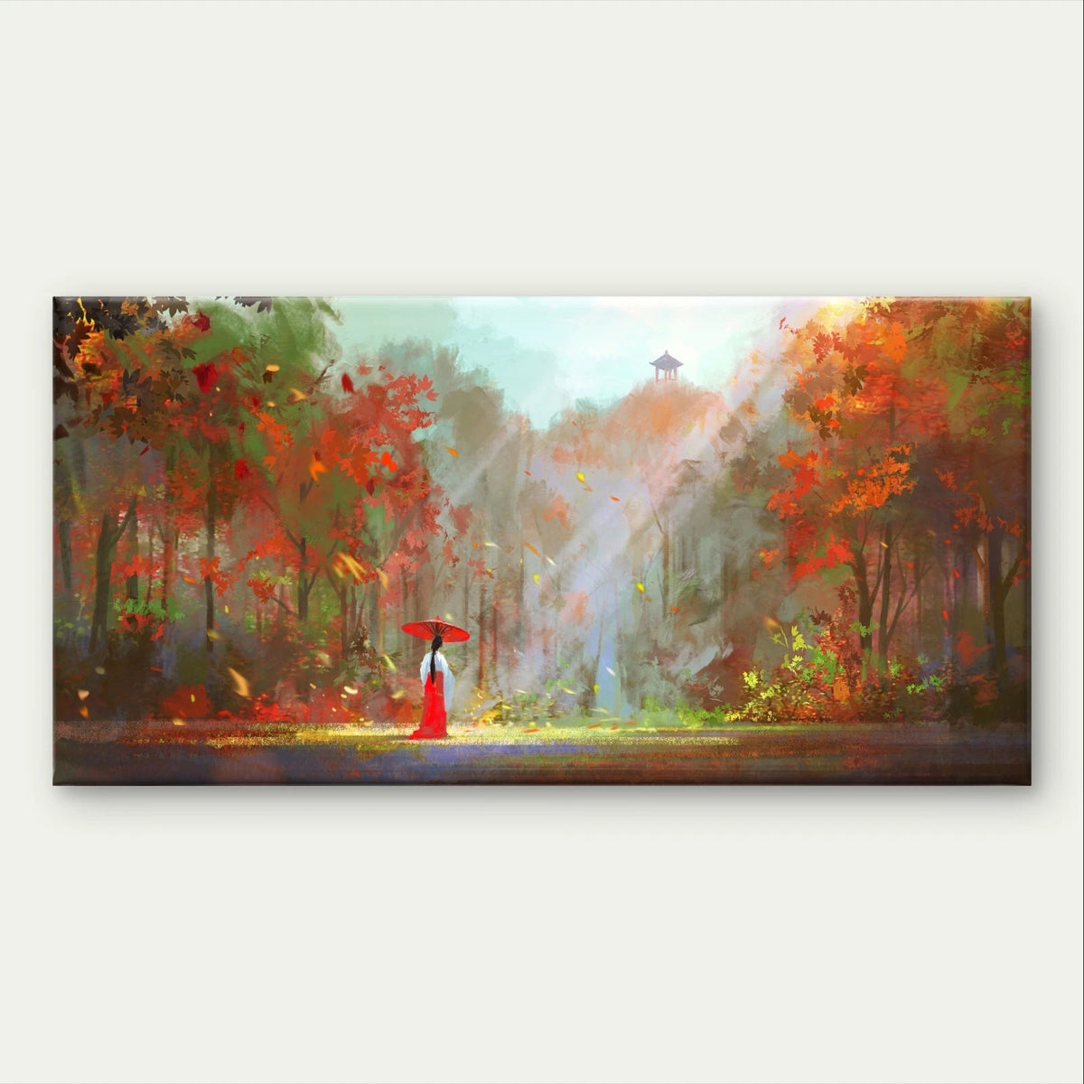 Autumn Forest Red Umbrella Scenic Wall Art Canvas Office Home Framed 120x60cm