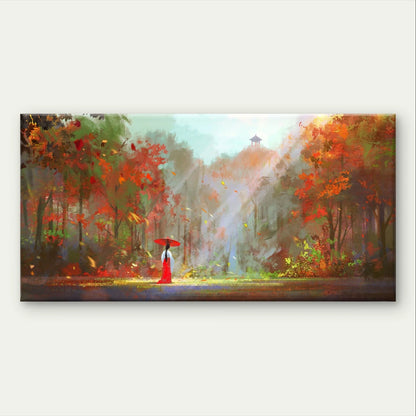 Autumn Forest Red Umbrella Scenic Wall Art Canvas Office Home Framed 120x60cm