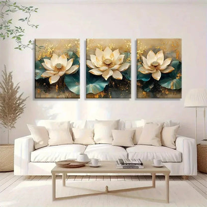 3pcs White Lotus Wall Art with Golden Texture Metal Print Ready to Hang Art
