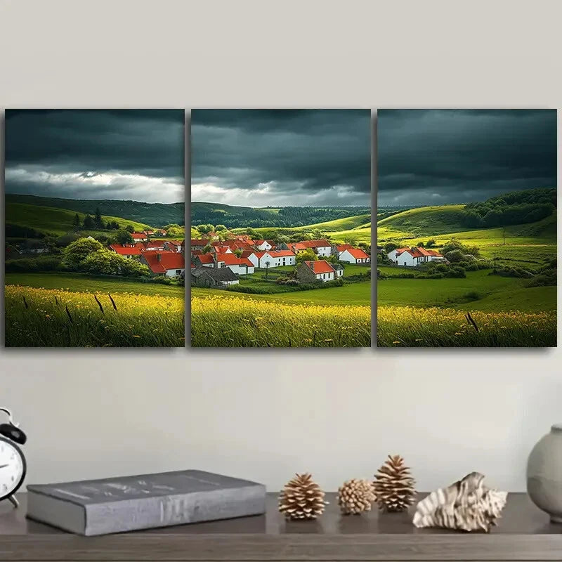3pcs A little village with red roofs Metal Print Ready to Hang Art - Bella Home Decor