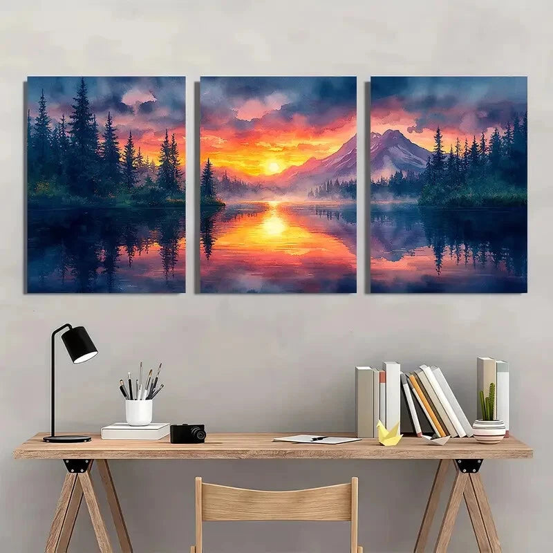 3pcs Oregon Watercolor Painting Mountain Lake Metal Print Ready to Hang Art
