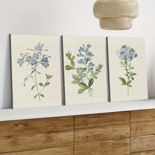 3pcs Vintage Botanical Blue Flowers Green Leaves Wall Art Set Wall Art Canvas Unframed – High Quality Print 100% Australian Made Wall Canvas