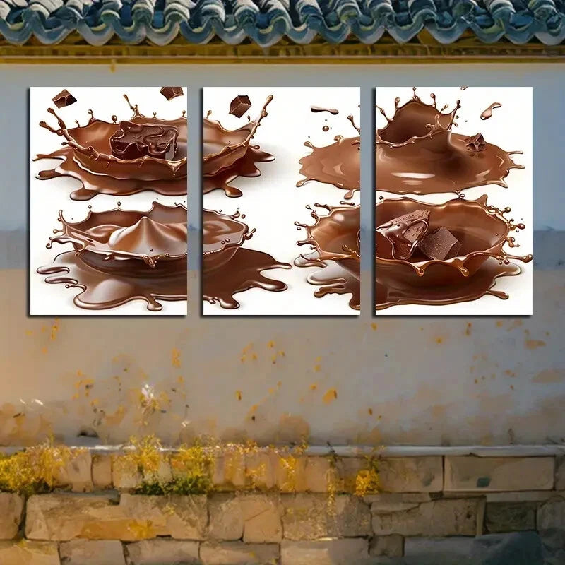 3pcs Chocolate Splash in White Background Metal Print Ready to Hang Art