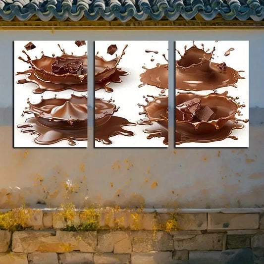 3pcs Chocolate Splash in White Background Metal Print Ready to Hang Art