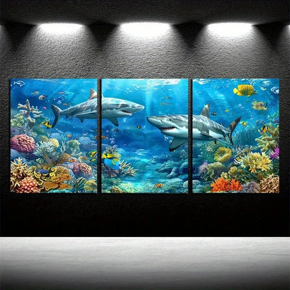 3pcs Underwater Sharks and Coral Reefs Design Metal Print Ready to Hang Art