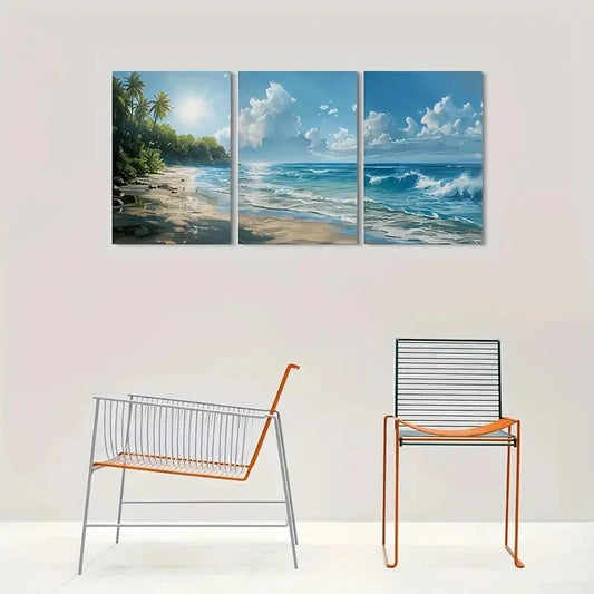 3pcs Tropical Ocean View with Palm Trees & Waves Metal Print Ready to Hang Art