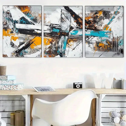 3pcs Bold Brushstrokes in Black White Orange Metal Print Ready to Hang Art