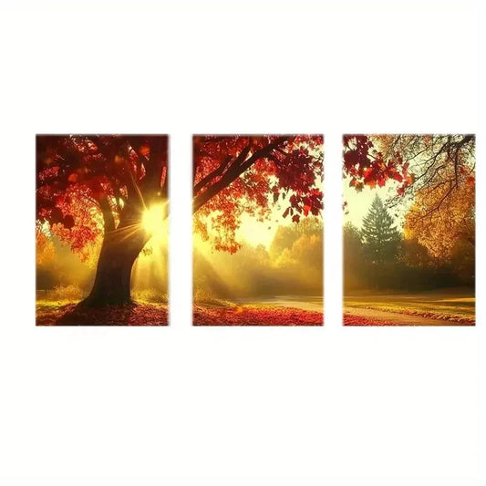3pcs Autumn Vibrant Red & Orange Tree Scenery Metal Print Ready to Hang Art