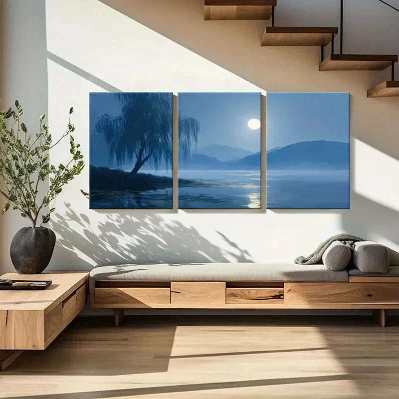3pcs Moonlit Willow Reflection Serene Lake Metal Print Ready to Hang Art