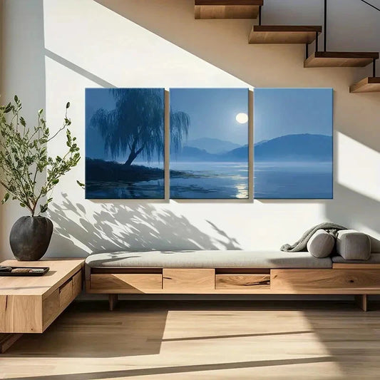 3pcs Moonlit Willow Reflection Serene Lake Metal Print Ready to Hang Art