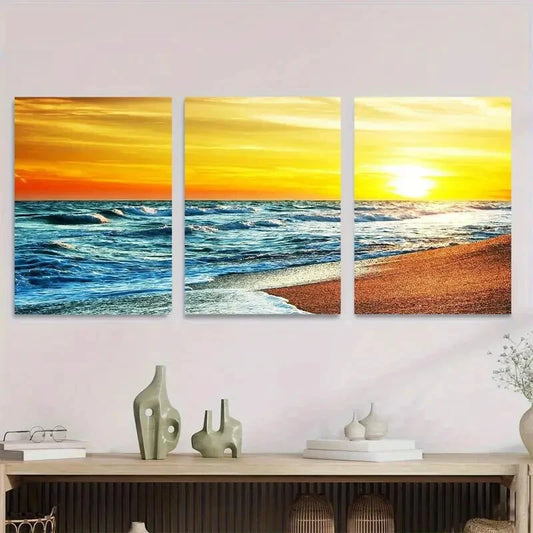 3pcs Sunset Beach Triptych Ocean Waves & Sandy Metal Print Ready to Hang Art