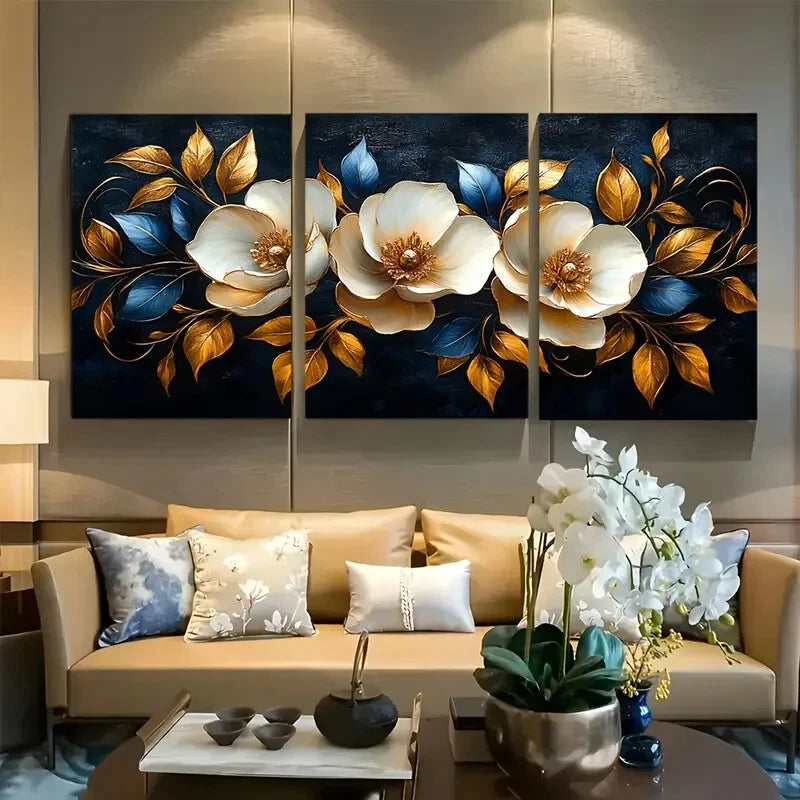 3pcs Luxury White flowers with Golden Leaves Metal Print Ready to Hang Art