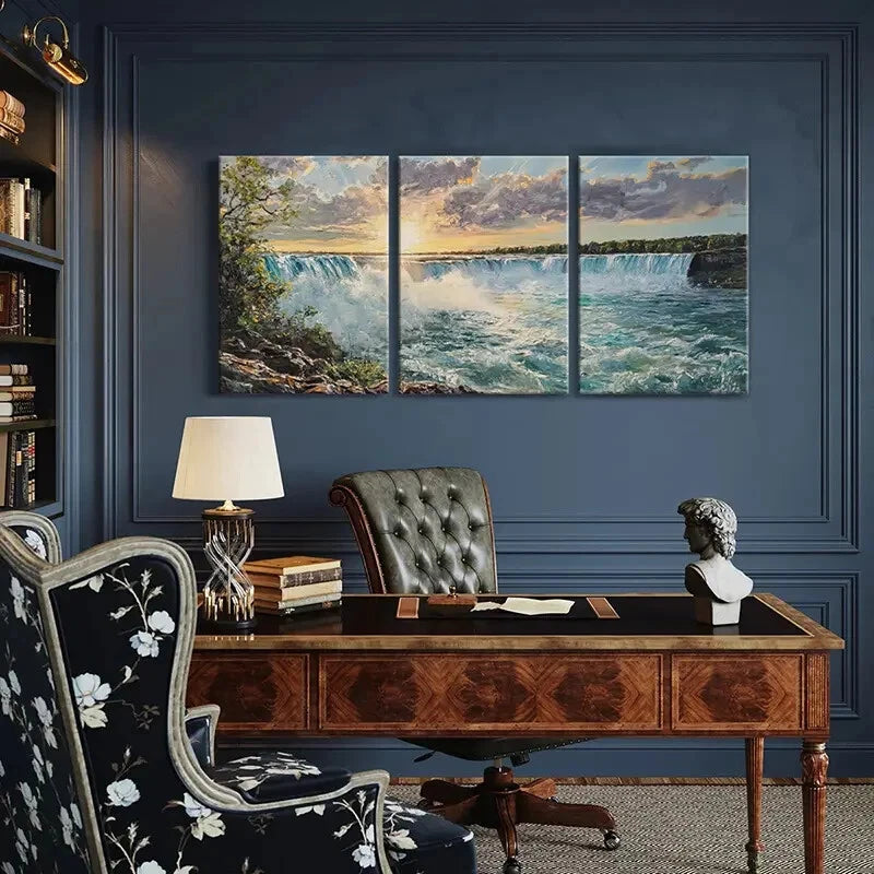 3pcs Sunset Waterfall Clouds Natural Landscape Metal Print Ready to Hang Art