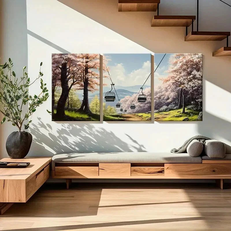 3pcs Sakura Cable Car Mountain View Forest Metal Print Ready to Hang Art