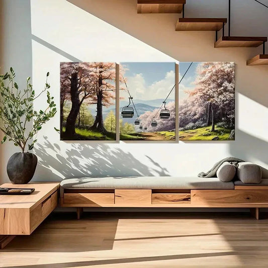 3pcs Sakura Cable Car Mountain View Forest Metal Print Ready to Hang Art