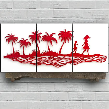 3pcs Coconut Trees and Women Tropical Metal Print Ready to Hang Art