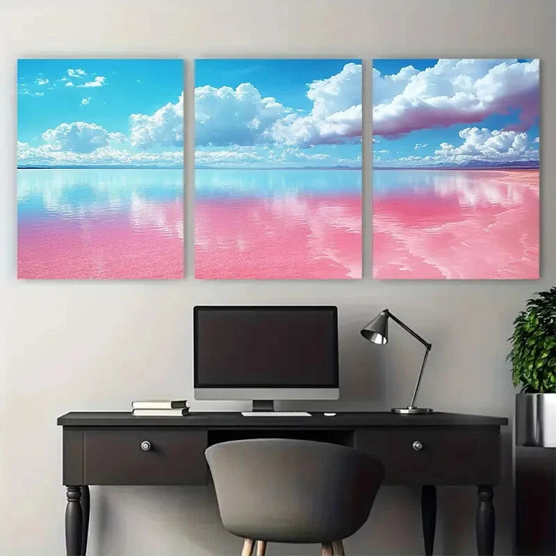 3pcs Vibrant Pink Salt Lake Illustration Metal Print Ready to Hang Art