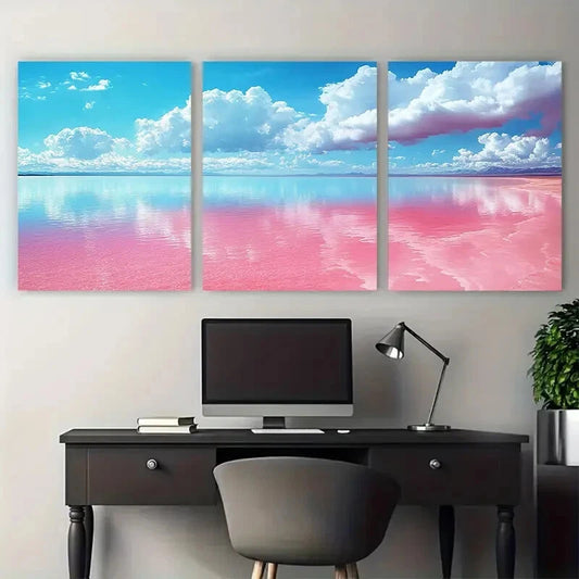 3pcs Vibrant Pink Salt Lake Illustration Metal Print Ready to Hang Art