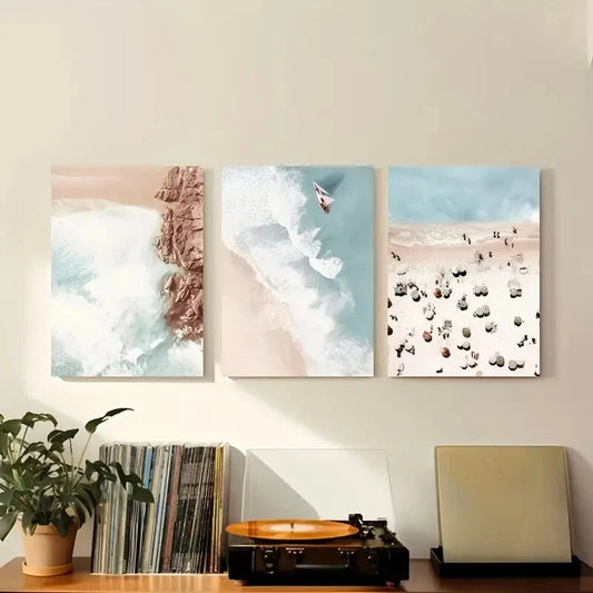3pcs Bohemian Coastal Aerial Beach & Ocean Metal Print Ready to Hang Art