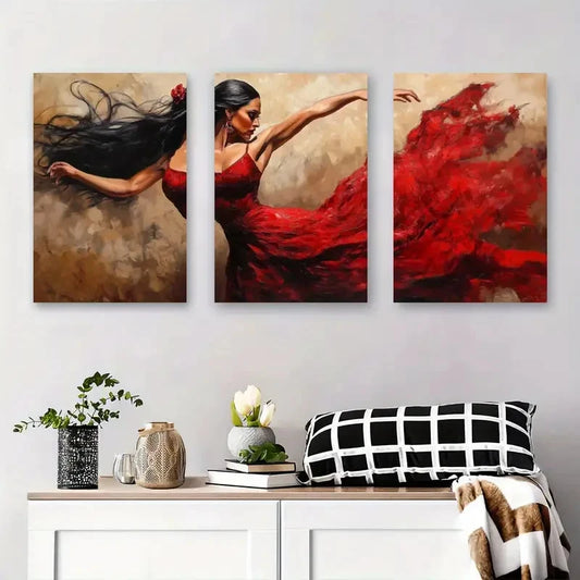 3pcs Red Dress Flamenco Dance Metal Print Ready to Hang Art