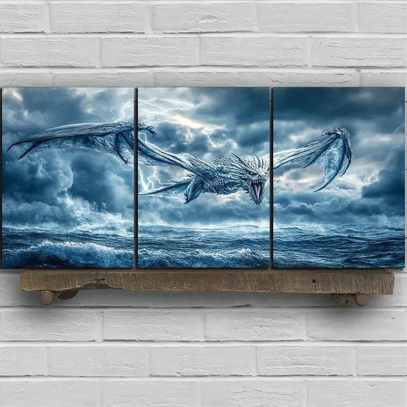 3pcs The Dragon on the Sea Water Metal Print Ready to Hang Art