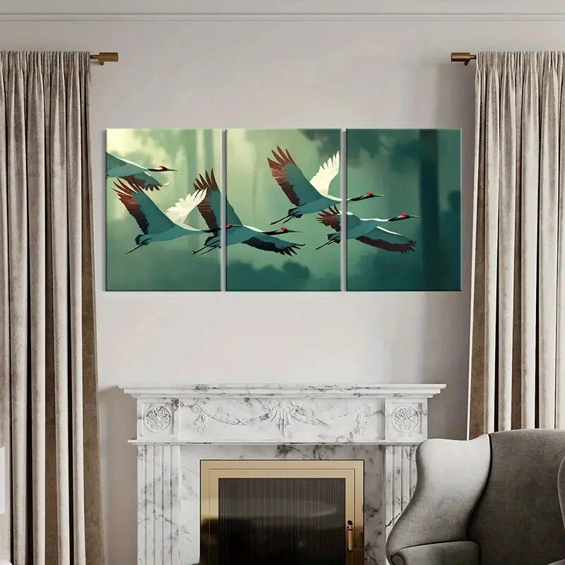 3pcs Artistic Crane Flight Abstract Nature Scene Metal Print Ready to Hang Art