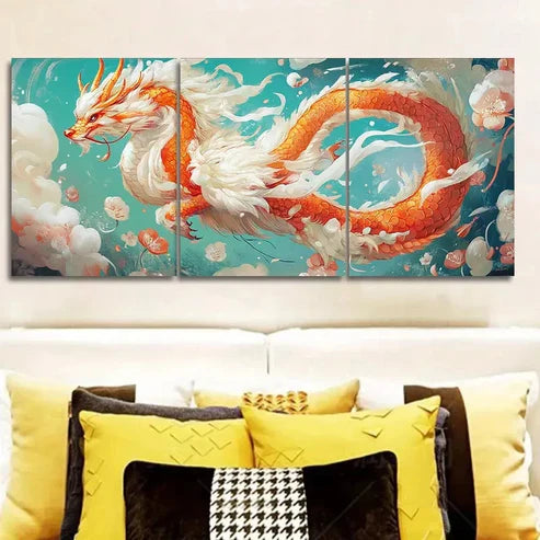 3pcs Featuring a Chinese Dragon  Wall Art Set Canvas Unframed - High Quality Print 100% Australian Made Wall Canvas - Bella Home Decor