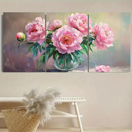 3pcs Still Life Pink Peonies In Vase Illustration Metal Print Ready to Hang Art