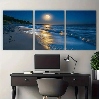 3pcs Serene Coastal Scene with Full Moon Scene Metal Print Ready to Hang Art
