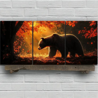 3pcs Bears in the Forest Red Leaves Metal Print Ready to Hang Art